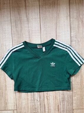 adidas Green V-NeckRetro Syle Crop Top Tee with Trefoil Tag